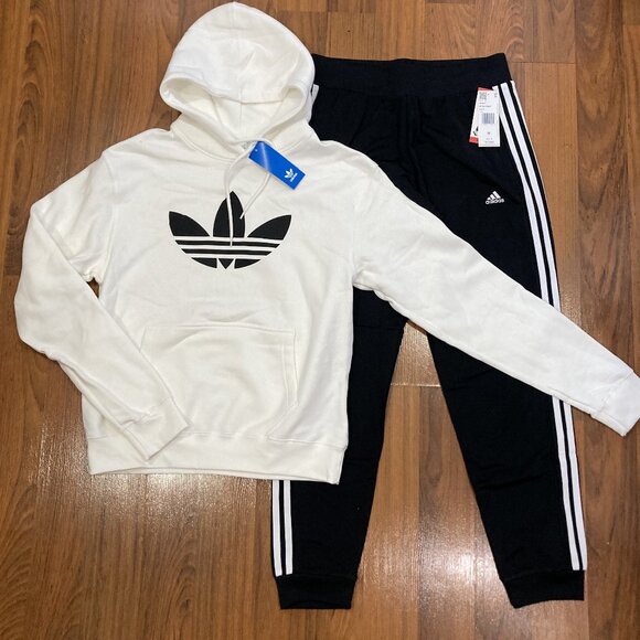 adidas Women's 3-Stripes 2pc Set Tracksuit Black/White Hoodie Pants Size M New - Picture 1 of 5